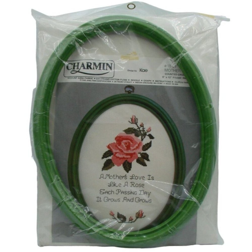 Charmin Cross Stitch Kit Stamped Counted Rose Floral Bouquet Oval Frame Vtg NOS